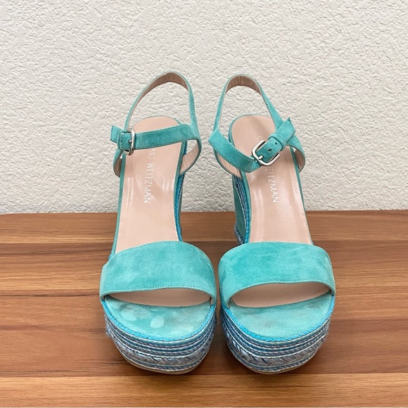 STUART WEITZMAN Single Island Embellished Rope Turquoise Suede Wedge Sandals 8.5 - Picture 3 of 16